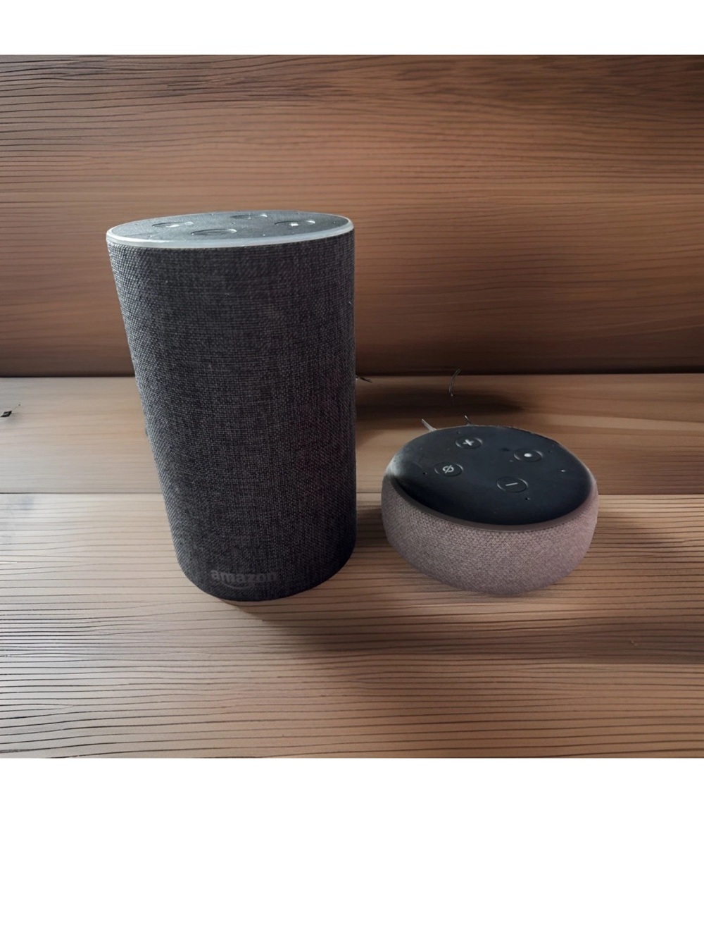 Amazon Echo and Dot Smart Speakers in Charcoal Gray with both cords